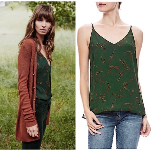 NWT L’AGENCE Silk Emerald Green Keys Chain Print  V-Neck Camisole Tank Top XS - Picture 1 of 6